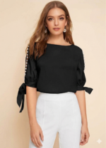 Pearl-Embellished Tie-Sleeve Top