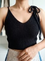 Tie-Shoulder Ribbed Knit Crop Top - Image 2