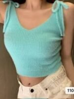 Tie-Shoulder Ribbed Knit Crop Top