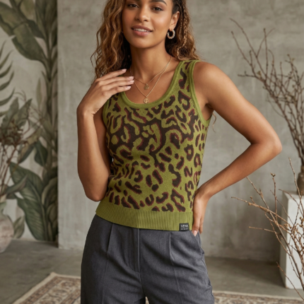 Leopard Print Knit Scoop-Neck Crop Top