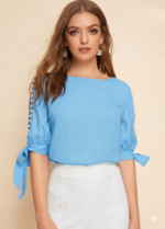 Pearl-Embellished Tie-Sleeve Top