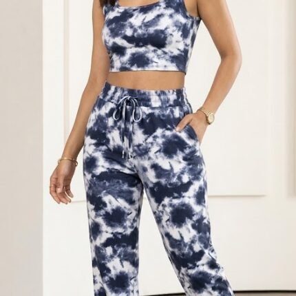 Tie-Dye Jogger & Crop Top Set - Navy Blue